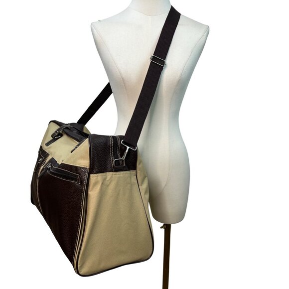 Unbranded Beige Canvas & Brown Faux Leather With Dual Handles Travel Duffel Bag - Picture 7 of 12